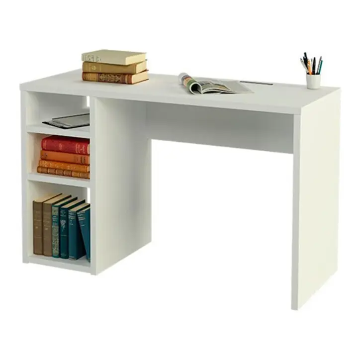 CAMA EXPRESS Mesa escritorio | Mesa estudio con 3 estantes | Color blanco brillo - 1