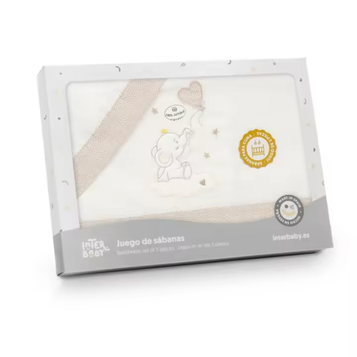 Sábanas Minicuna 100% Algodón  50X80 (bajera+encimera+funda almohada) Modelo Elefante globo Interbaby - 1