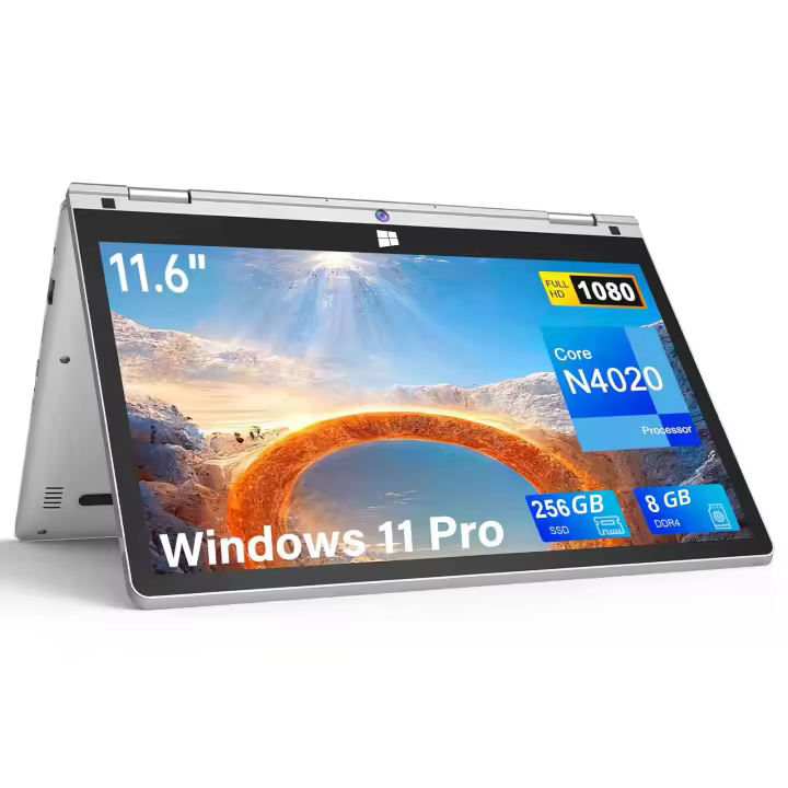 Portátil 2 en 1 VANWIN, Pantalla Táctil IPS de 11,6 pulgadas, Resolución de 1366x768 (Procesador Intel Celeron N4020C, GHz hasta 2,0), 8 GB de RAM, SSD de 256 GB, windows 11 Pro, USB 3,0*2, DC 3,5*1, Mini HDMI, Bluetooth 4,2, Batería de 4000 mAh - 1