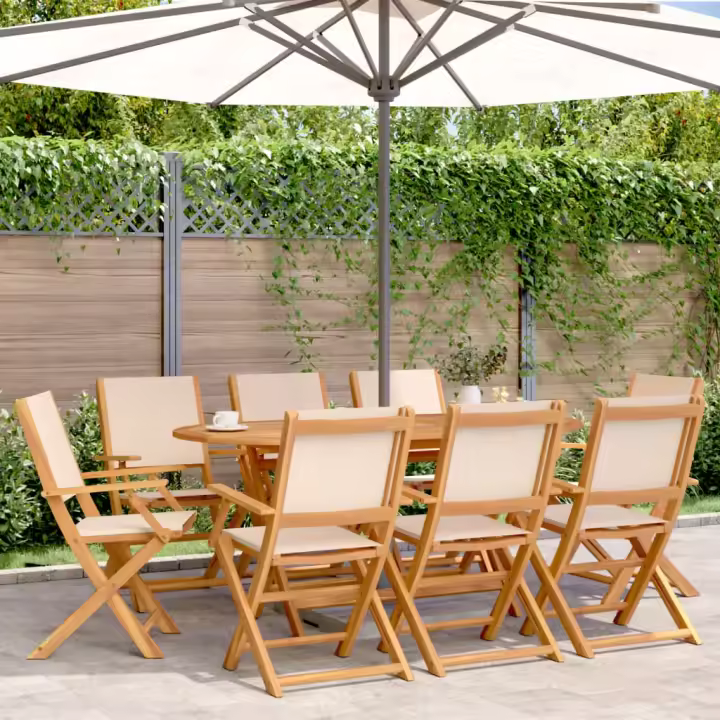 vidaXL Sillas de jardín plegables 8 uds madera maciza y tela beige - 1