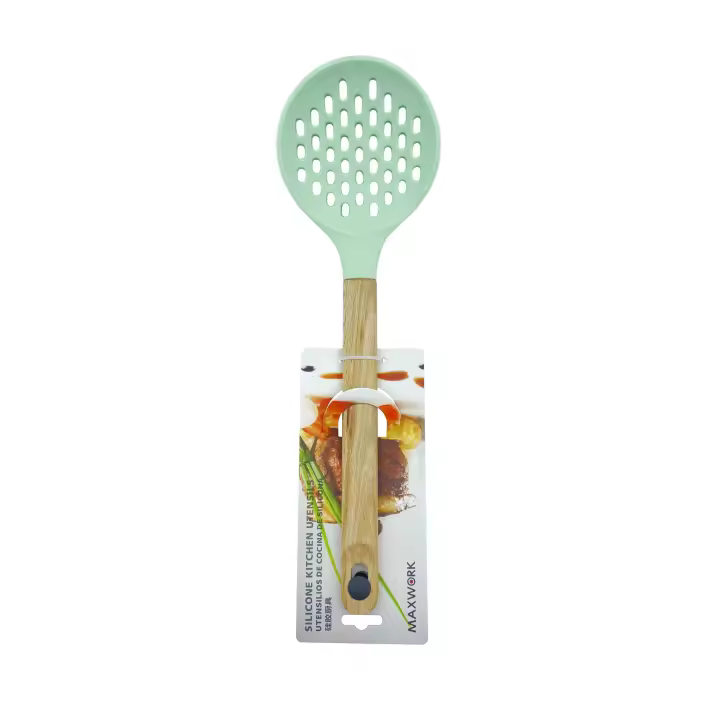 MAXWORK espumadera de silicona de 34cm con mango de madera, utensilio de cocina, verde - 1
