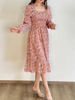 Vestido Midi De Mujer Casual Primavera Otoño Largo Manga Cuello Abierto Floral Impresión A-Line Vestido De Chiffón Con Cintura Elástica Y Cremallera En La Cintura - details 21