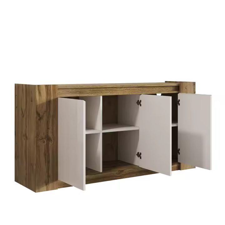 Aparadores, armarios Blancos brillantes y de Madera, Diseño sin Tiradores, puertas-inclinadas que hace las veces de Tiradores, bisañas de Cierre suave y estantes regulables. - 1