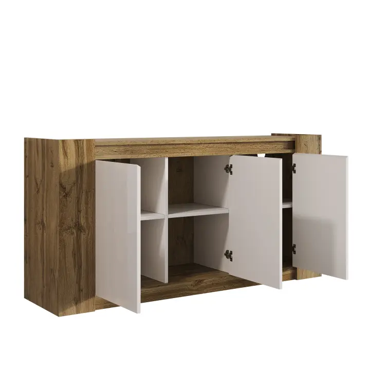 Aparadores, armarios Blancos brillantes y de Madera, Diseño sin Tiradores, puertas-inclinadas que hace las veces de Tiradores, bisañas de Cierre suave y estantes regulables. - 1
