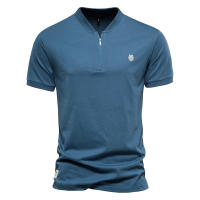 Nueva camiseta de manga corta de algodón puro con cuello en V y cremallera para hombre, camiseta deportiva bordada de color sólido para hombre - details 1