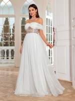 Mgiacy Vestido De Baño De Novia Elegante Con Hombro Solo Y Collar Bordado De Encaje Translúcido De Chiffón Vestido Largo Para Mujer - details 1