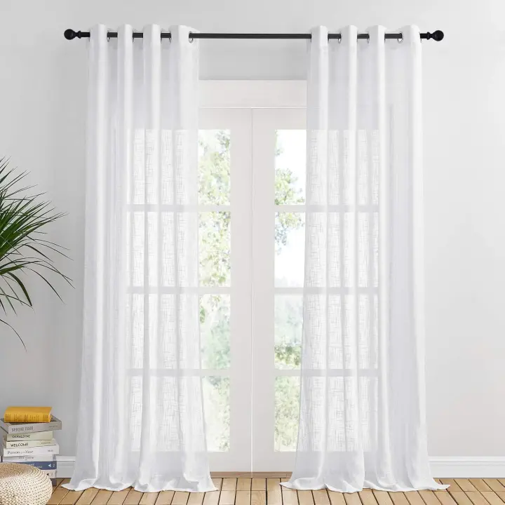 Cortinas para salón, paquete de 2, 132 x 241 cm (ancho x alto), cortinas de tul de lino con ojales, cortinas de tul blanco para dormitorio, dormitorio principal, cocina - 1