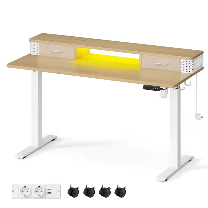 VASAGLE Escritorio Eléctrico, Regulable en Altura, 60 x 140 x (72-120) cm, Ajuste Sin Escalonamiento, con Soporte para Monitor, Gancho, Función Memoria, Blanco Nube/Marrón Rústico/Roble Natural - 1