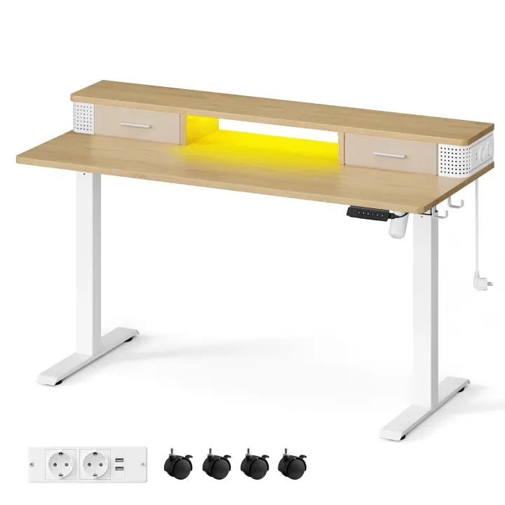 VASAGLE Escritorio Eléctrico, Regulable en Altura, 60 x 140 x (72-120) cm, Ajuste Sin Escalonamiento, con Soporte para Monitor, Gancho, Función Memoria, Blanco Nube/Marrón Rústico/Roble Natural - 1
