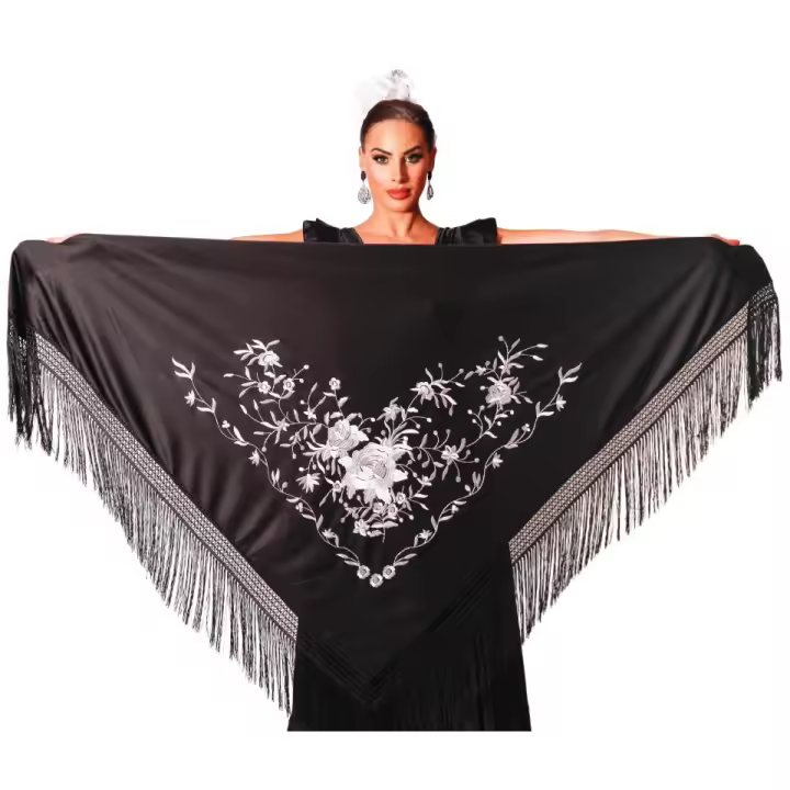 Mantón flamenco negro grande bordado de rosas en color blanco 190X90cm + flecos (Marca: ANUKA) - 1