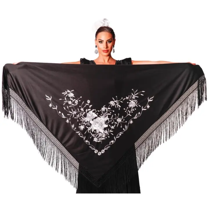 Mantón flamenco negro grande bordado de rosas en color blanco 190X90cm + flecos (Marca: ANUKA) - 1