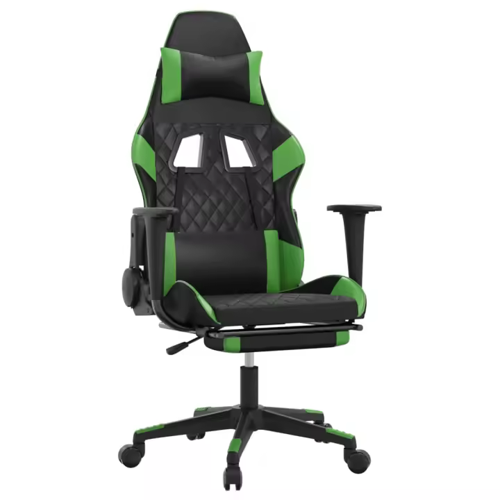 Silla Gaming con reposapiés de cuero sintético Negro Verde - 1