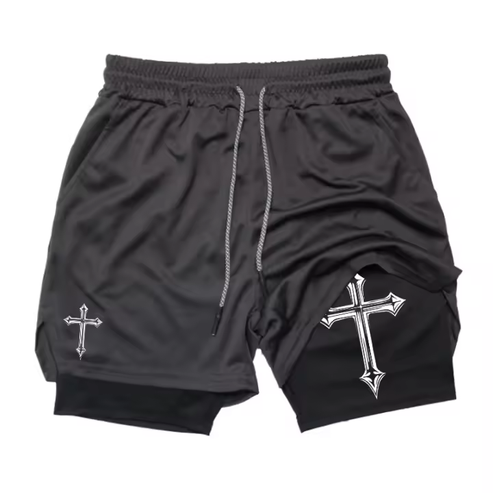 Shorts De Entrenamiento Para Hombre Con Estampado Cruzado Y Línea De Compresión Bolsillo Para Teléfono Y Anillo De Toalla Shorts Deportivos Christian Para Correr En La Gimnasio - 1