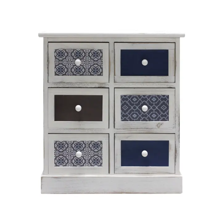 Rebecca Mueble Auxiliar Cajonera Madera 6 Cajones Blanco Azul 59,5x55,5x25 - 1