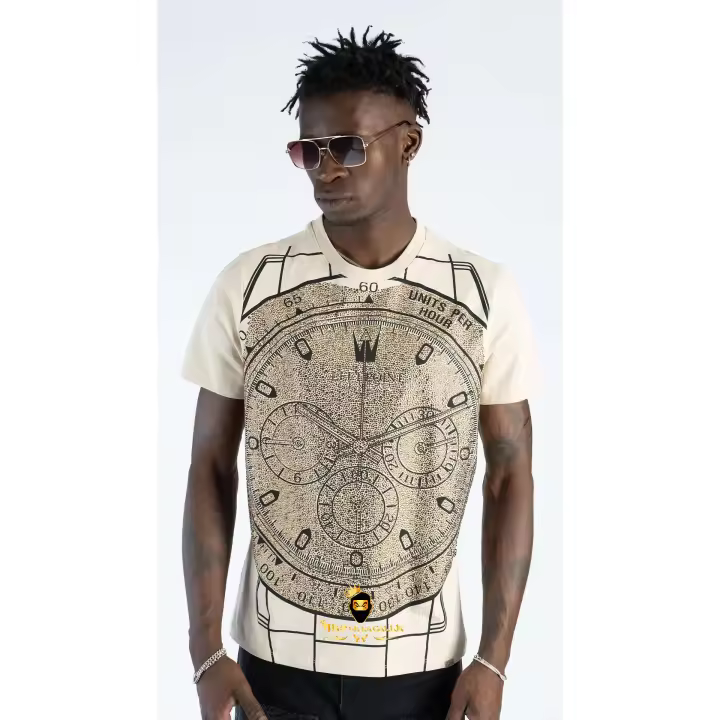 Camiseta Left Point Beige Pedrería Brillante Reloj Delantero - 1