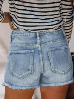 Shorts De Mezclilla Destrozados Para Mujer Cintura Media Estilo Casual Popular En Primavera Y Verano Moda Larga Y Suelta - details 4
