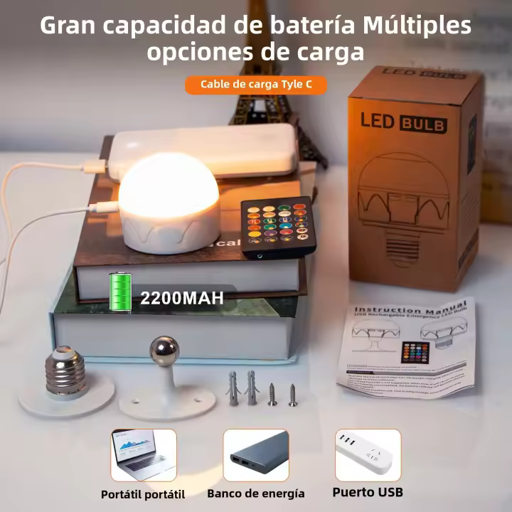 2PCS Bombilla LED RGB Recargable E27 Con Imán Y Control Remoto 5 Modos Timer Carga USB 2200mAh Para Iluminación Diaria En Cocina Comedor Dormitorio Estudio Baño - 1