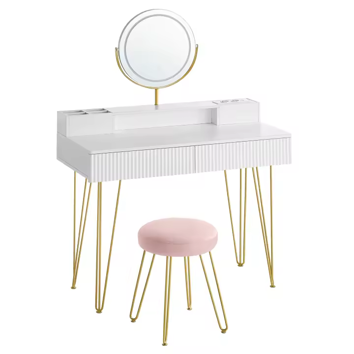 VASAGLE Tocador con Taburete e Iluminación, Regleta de Enchufes, Espejo Giratorio, Tocador, 40 x 100 x 134,8 cm, Tocador con Cajones, Taburete Tapizado, Blanco Mate y Dorado Pálido - 1