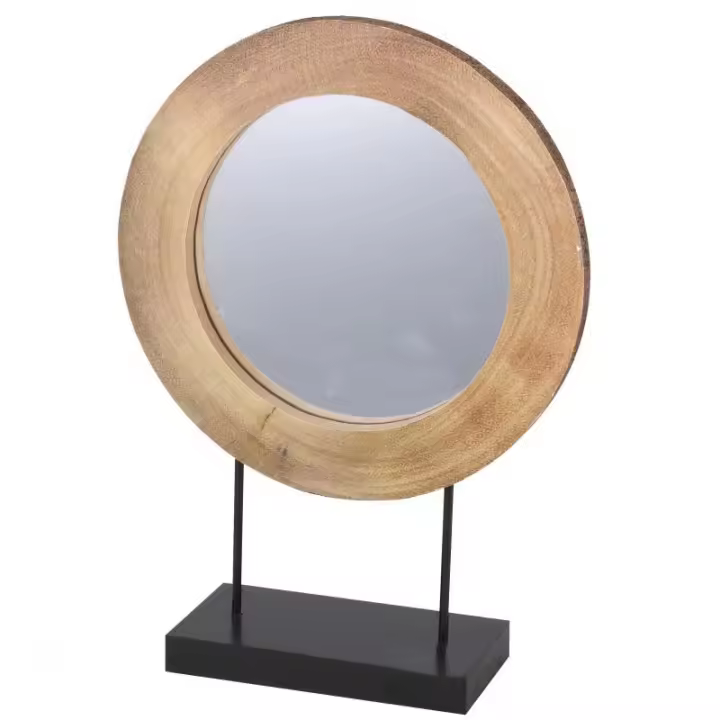 ARISE SHOP- Espejo de aspecto Lovely Natural está hecho de madera, con un soporte de metal negro.  Con una altura de 33 cm y una base negra, este espejo agregará carácter a tu habitación.  La cara del espejo en sí tiene aproximadamente 10 cm de diámetro. - 1