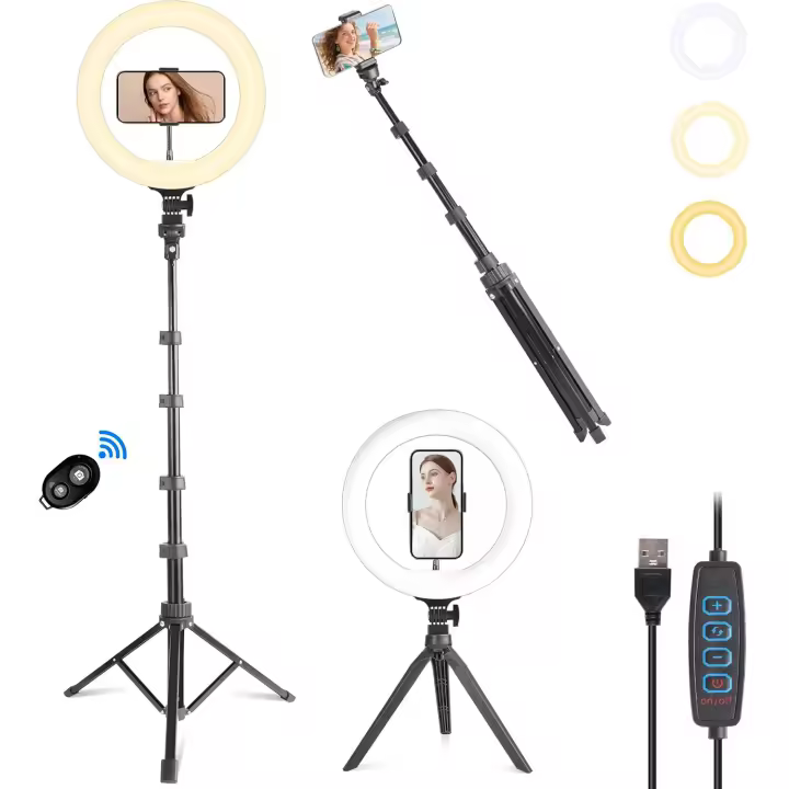 【2026 Version】 Aro de Luz Led 25cm con 2 Tripode, 1 Sobremesa y 1 de Pie, Anillo de Luz 12W con Mando Bluetooth para Control del Móvil, Ringlight con 3 pinzas para Movil,160cm Altura, Potencia y Colores Regulable, para Influencer de Tiktok - 1