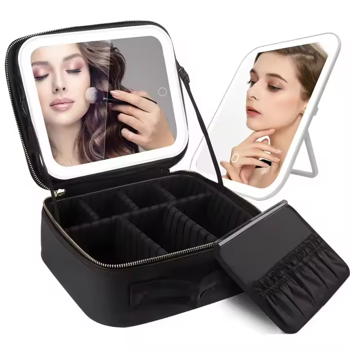 Bolso Portátil De Maquillaje De Gran Capacidad Con Divisor DIY Y Leds Espejo De Viaje Organizador De Cosméticos De Tres Colores - 1