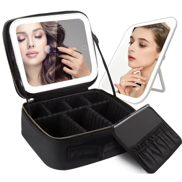 Bolso Portátil De Maquillaje De Gran Capacidad Con Divisor DIY Y Leds Espejo De Viaje Organizador De Cosméticos De Tres Colores - 1