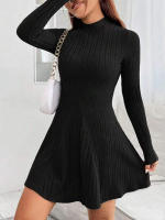 Vestido De Mujer Ajustado Con Cuello Alto Mitad A-line Falda Larga Manga Completa Rayas Vestido De Oficina Lady Cintura Empírica - details 0