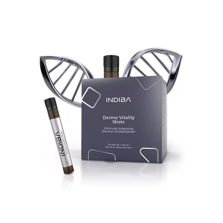 Dermo Vitality Shots Indiba - 20 viales de 25 ml por unidad. viales a base de colágeno, ácido hialurónico, coenzima Q10, vitaminas y minerales, triptófano, ashwagandha y azafrán. sintonía con los biorritmos naturales del cuerpo, - 1