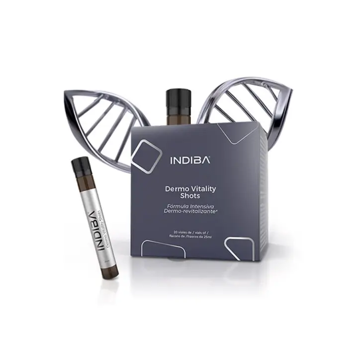Dermo Vitality Shots Indiba - 20 viales de 25 ml por unidad. viales a base de colágeno, ácido hialurónico, coenzima Q10, vitaminas y minerales, triptófano, ashwagandha y azafrán. sintonía con los biorritmos naturales del cuerpo, - 1