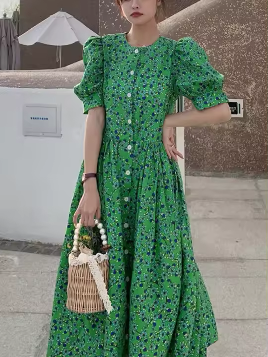 Vestido De Mujer Verano Floral Impresión Manga Corta Estilo Casual Elegante Suelto A-Line Cuello Redondo Botones Longitud Media Pierna - 1