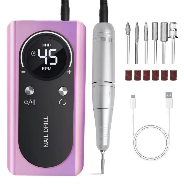 Taladro de uñas eléctrico de 45000 RPM Profesional, Lima portáril recargable de uñas, Kit de Taladro eléctrico de uñas with Pantalla LCD inteligente para manicura de uñas de gel, pedicura, Cuerpo reflectante, etc. - 1
