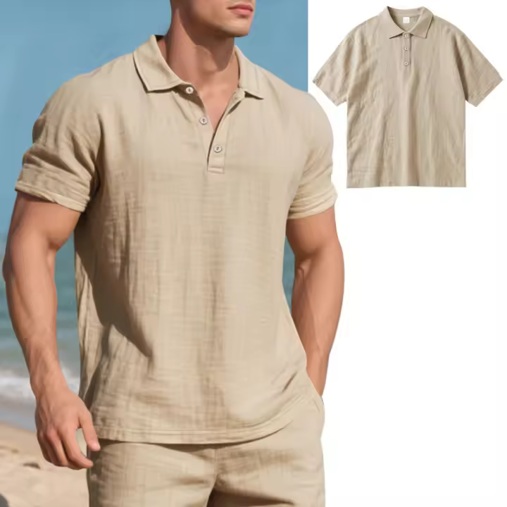 Camisa POLO de manga corta con solapa y botones, informal, de lino, transpirable, estilo británico, de verano para hombre - 1