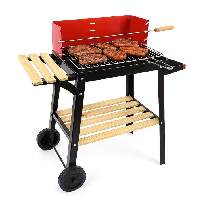 Barbacoa de Carbón con Ruedas. Ideal para Barbacoas al Aire Libre. Parrilla de Cocción Cromada, Barbacoa Portatil con Mango de Transporte, Estante de Almacenamiento y Brocheta de Metal con Mango. Para el Hogar, Hostelería, Picnic, Viajes - 1