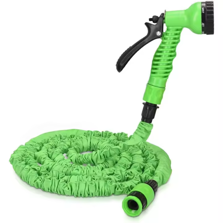 SOMY Manguera de riego extensible verde de 15 m/50 pies, manguera de riego con boquilla de 7 modos, adaptable de 1/2 '' y 3/4 '', manguera de riego flexible para riego de jardín (15 m después de llenar con agua) SY - 1