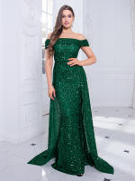 Vestido De Noche Romagic Azul Oscuro Con Cuello Abierto Y Cola Desmontable Vestido De Fiesta De Invierno Mermaid Con Lentejuelas Para Mujer - details 3