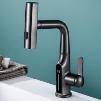 Grifo De Baño Con Pantalla Digital De Temperatura Regulador De Agua Caliente Y Fría Torneado De Latón Cerámica Para Lavabo - details 0