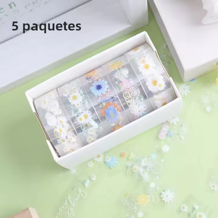Cinta Decorativa Transparente 5 Rolls Autoadhesiva Impermeable Con Patrón De Margarita Para Decoración Del Hogar Y Manualidades - 1