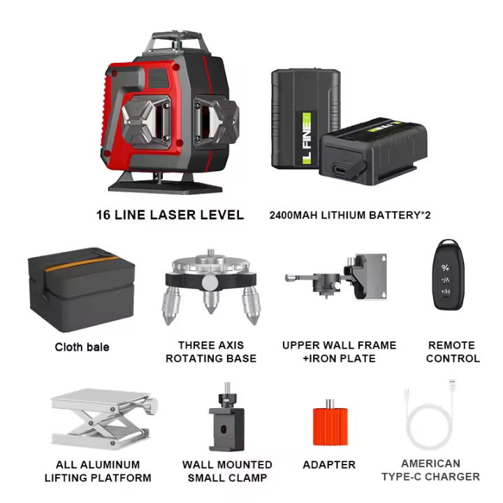 16 Lines 4D Laser Level Green Line Self Leveling 360 Horizontal And Vertical Remote Control Green Beam Laser Levels With 2PCS Battery - 1