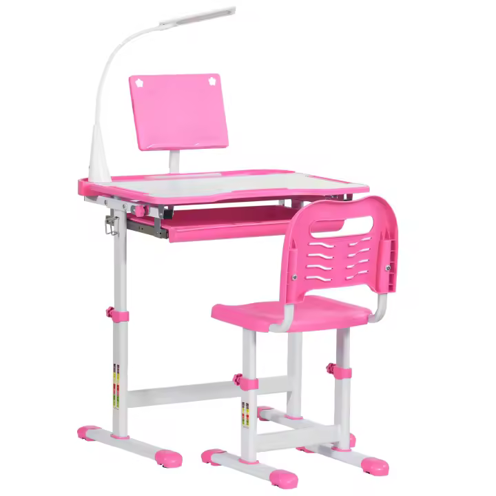 HOMCOM Juego de Escritorio y Silla para Niños de +6 Años Pupitre Infantil Altura Ajustable Escritorio Infantil con Mesa Inclinable Lámpara Cajón y Estante para Libros - 1
