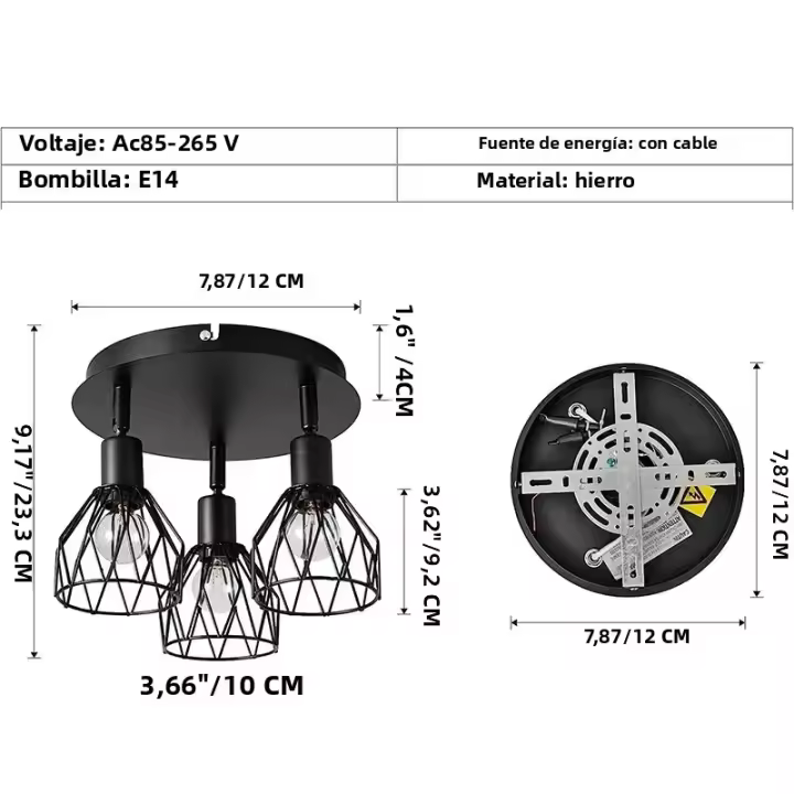 Lámpara De Techo Estilo Industrial Americana Para Sala De Estar Foyer Pasillo Dormitorio Iluminación Interior De 3 Cabezas Material Metálico Negro - 1