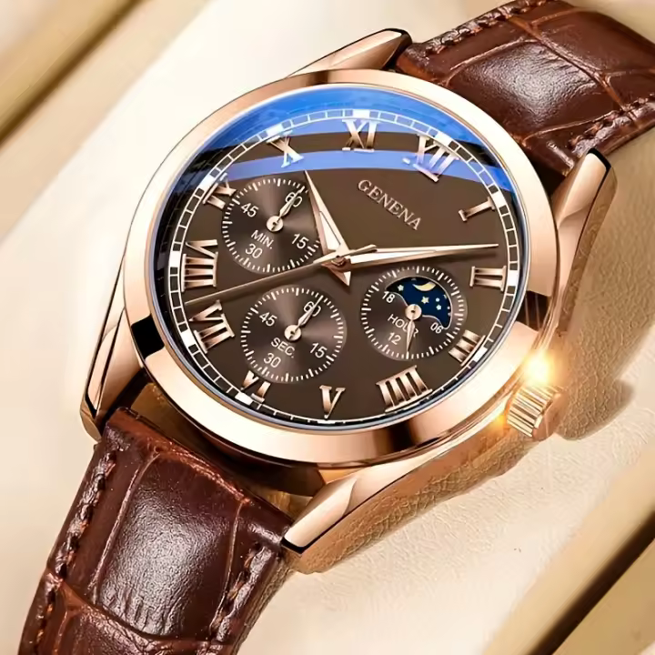 Reloj De Cuarzo Para Hombre Estilo Casual Y Negocios Material De Correa De Cuero Display Numeral Romano Resistentes Al Agua - 1