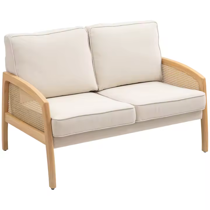 HOMCOM Sofá de 2 Plazas Tapizado en Chenilla Sofá de Salón con 2 Almohadas Lavables y Reposabrazos de Ratán Sintético Sofá Pequeño Carga 240 kg 123x75x88 cm Beige - 1