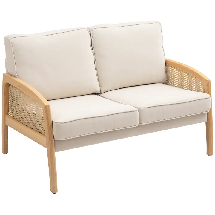 HOMCOM Sofá de 2 Plazas Tapizado en Chenilla Sofá de Salón con 2 Almohadas Lavables y Reposabrazos de Ratán Sintético Sofá Pequeño Carga 240 kg 123x75x88 cm Beige - 1