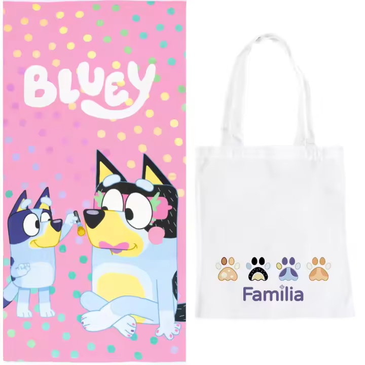 Toalla Infantil Bluey y Bandit 70x140 cm | Microfibra Suave y de Secado Rápido con Estampado Rosa con Topos | Incluye Bolsa de Playa de Tela a Juego | Producto Oficial BBC Studios | Ideal para Niños, Verano y Vacaciones - 1