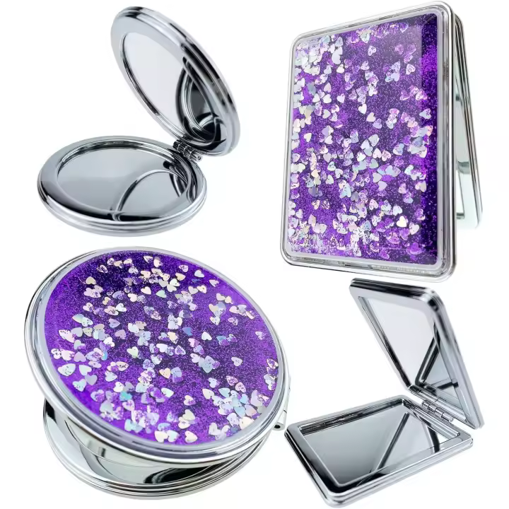 2 mini espejos plegables para maquillaje, color rosa, de viaje, de doble cara, portátiles, para hombres, mujeres y niñas, con bolsillo, cuadrados y redondos (morado). - 1