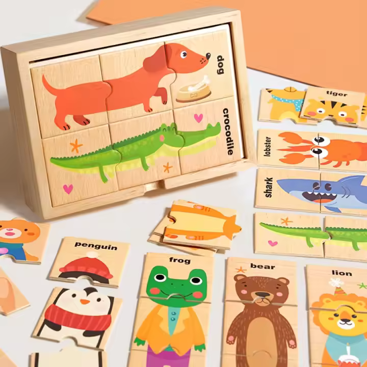 Puzzle De Madera Para Niños Con Formas De Animales Y Palabras En Inglés Juguete Educativo Para La Conocimiento Temprano - 1