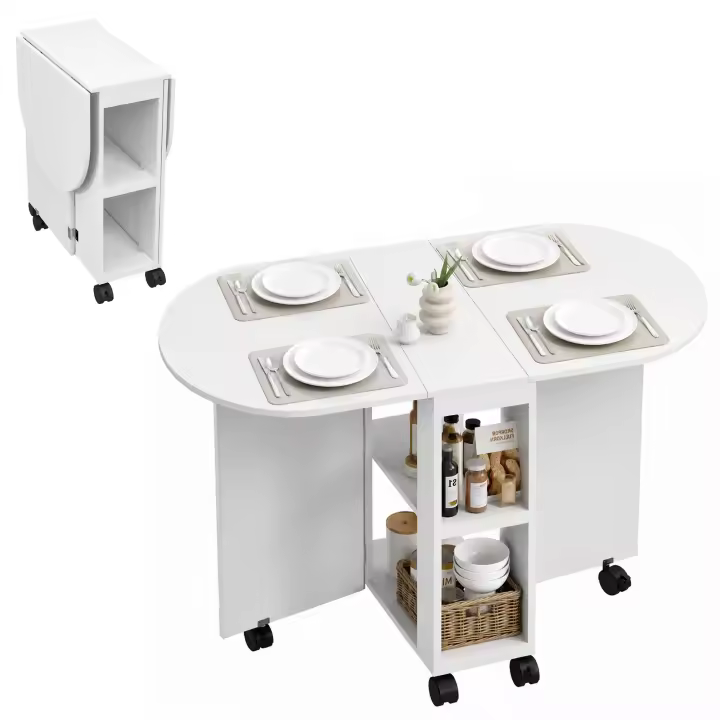 HOMCOM Mesa de Comedor Plegable con Ruedas Mesa de Cocina con Alas Abatibles y 2 Estantes Abiertos Estilo Moderno Carga 80 kg 120x60x77 cm Blanco - 1