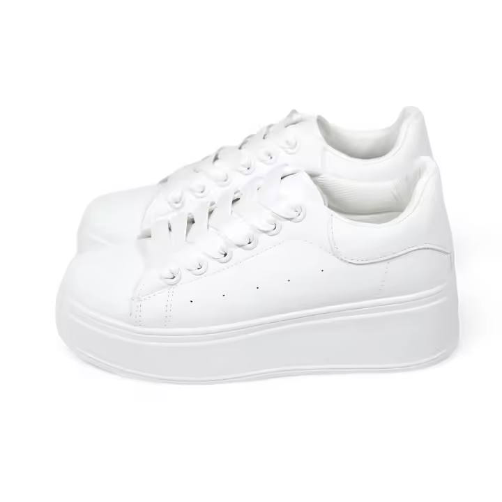 Zapatillas Blancas casual con Plataforma de 5cm - Deportivas Sneakers - Cordones Planos Anchos - Estilo Simple Casual - 7931- - 1