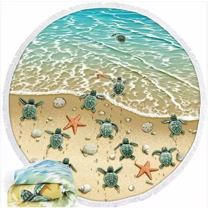 Toalla de playa de microfibra de secado rápido con diseño de arena, mantel redondo grande para picnic y yoga de 150 cm con flecos, tortugas en la playa - 1