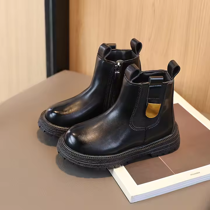 Botas Cortas Para Niños Y Niñas Estilo Británico Antideslizantes Con Cierre De Cremallera Lateral Material De Cuero Resistentes Al Desgaste Para Todas Las Estaciones - 1